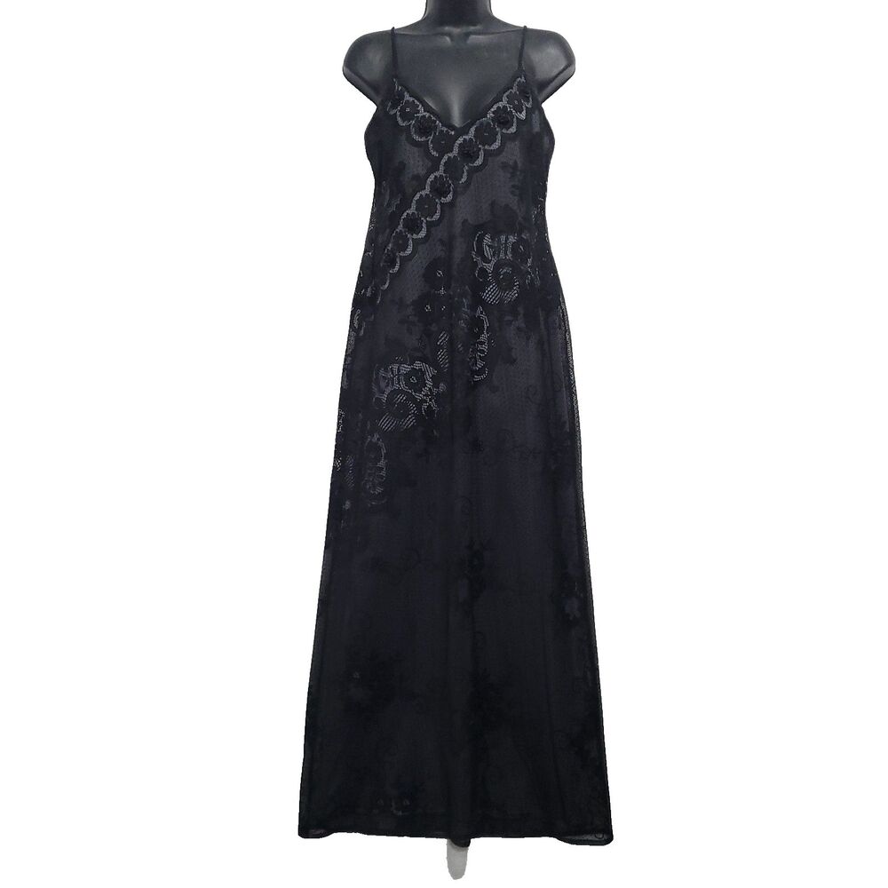 Y2K Whimsigoth Maxi Slip Dress Laundry Black Lace over gray satin 3D Ribbon rose - Picture 8 of 16